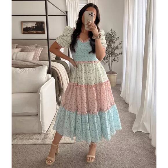 Ivy City Co Emily Patchwork Smocked Shirred Puff Sleeve Tiered Midi Dress Large - Picture 1 of 8